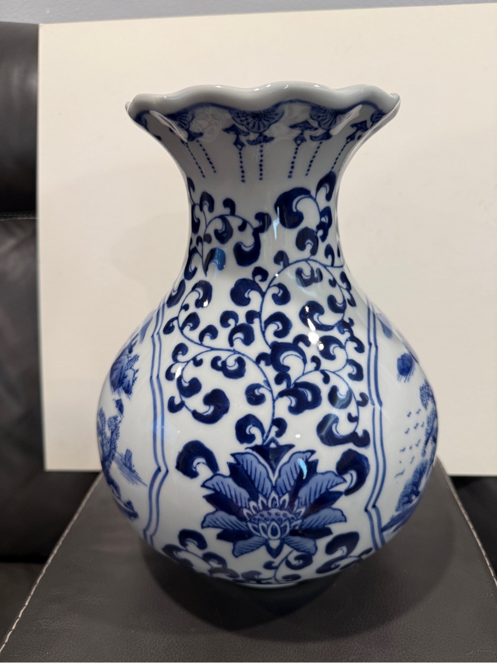 12” high used Blue and White Porcelain Accent Vase - Elegant Floral Design